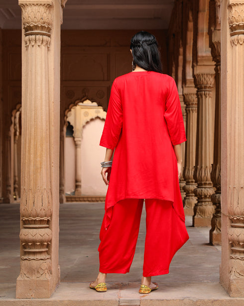 Scarlet Red Asymmetrical Set with Cowl Pants